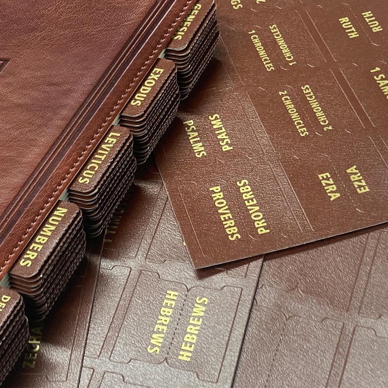 Erilano Bible Tabs for Women and Men - Leather Paper Bible Index Tabs - Large Gold Foil Laminated Tabs - Bible Journaling Supplies - 66 Bible Tabs for Old and New Testament,14 Blank tabs (Brown) - Image 1